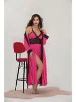 Derin Yırtmaçlı Uzun Dantelli Büyük Beden Sabahlık Gecelik Takım İzabel 7004 Fuşya farklı açı