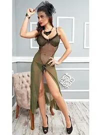 İzabel Derin Yırtmaçlı Yeşil Uzun Gecelik İzabel 2029