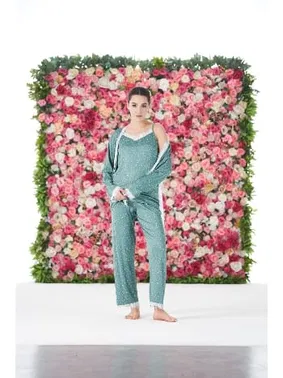 Estiva Desenli 3lü Sabahlıklı İp Askılı Likra Viskon Kadın Pijama Takımı Estiva 25190