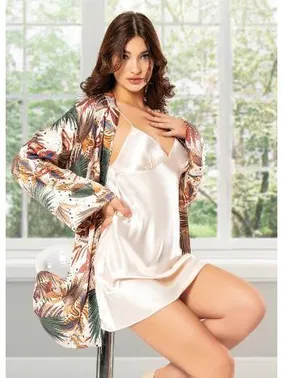 Miss Laris Desenli İnce Askılı Saten Gecelik Sabahlık Takım Miss Laris 5001 - Alternatif Görünüm