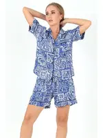 Desenli Kısa Kollu Kadın Şortlu Pijama Takım DoReMi 002-000096 Mavi farklı açı