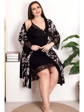 Lady Desenli Sabahlık Siyah Dantelli 2'li Büyük Beden Gecelik Takımı  Lady 19203