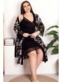Lady Desenli Sabahlık Siyah Dantelli 2'li Büyük Beden Gecelik Takımı  Lady 19203