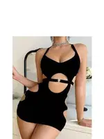 Pencereli Boyundan Bağlamalı Mini Fantazi Elbise Venlisa 9200 Siyah