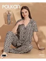 Desenli V Yaka Gömlek Kısa Kollu Pijama Takım Polkan 19025 Kahverengi