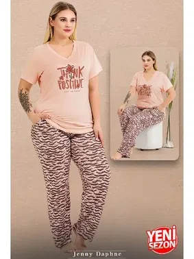 Lady Desenli V Yaka Kısa Kollu Büyük Beden Pijama Takımı Lady 11003