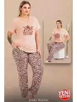 Desenli V Yaka Kısa Kollu Büyük Beden Pijama Takımı Lady 11003