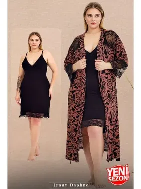 Lady Desenli Viskon Kumaş Büyük Beden Siyah Gecelik Sabahlık Takımı 19237 Lady 19237