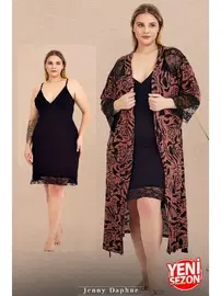 Lady Desenli Viskon Kumaş Büyük Beden Siyah Gecelik Sabahlık Takımı 19237 Lady 19237