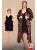 Desenli Viskon Kumaş Büyük Beden Siyah Gecelik Sabahlık Takımı 19237 Lady 19237 Siyah