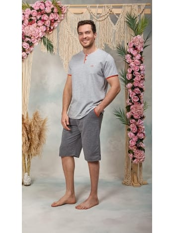 Doreanse Erkek Gri Düğme Yaka Şort T-Shirt Pijama Takımı 25Y4567