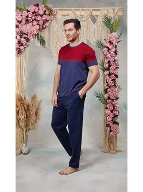 Doreanse Doreanse Erkek Lacivert Kırmızı Baskılı Bisiklet Yaka T-Shirt Pijama Takımı 25Y4560