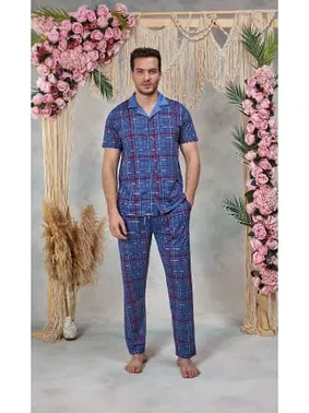 Doreanse Doreanse Erkek Mavi Kırmızı Ekose Desenli Gömlek T-Shirt Pijama Takımı 25Y4579