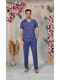 Doreanse Doreanse Erkek Mavi Kırmızı Ekose Desenli Gömlek T-Shirt Pijama Takımı 25Y4579