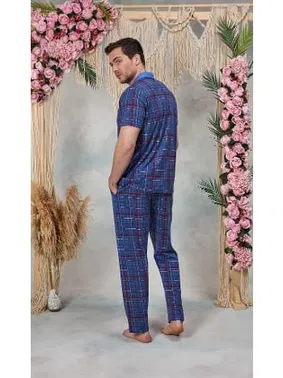 Doreanse Doreanse Erkek Mavi Kırmızı Ekose Desenli Gömlek T-Shirt Pijama Takımı 25Y4579 - Alternatif Görünüm