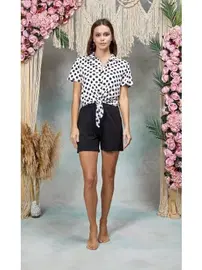 Doreanse Doreanse Kadın Siyah Beyaz Puantiye Şort Gömlek Pijama Takımı 25Y4075