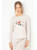 Kuşlu Kadın Pijama Üstü Doremi 002-001024 Bej detay görünüm