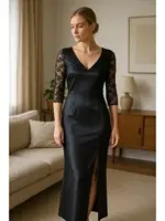 Dantel Kollu Yırtmaçlı Saten Maksi Gecelik Doremi 002-001038 Lacivert