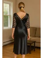 Dantel Kollu Yırtmaçlı Saten Maksi Gecelik Doremi 002-001038 Lacivert detay görünüm