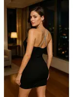 Drapeli V Yaka Mini Elbise Venlisa V9401 Siyah görsel 4