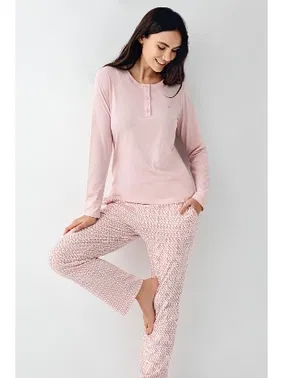 Pierre Cardin Düğme Yakalı Uzun Kollu Pembe Desenli Kadın Pijama Takımı Pierre Cardin PC9080-S