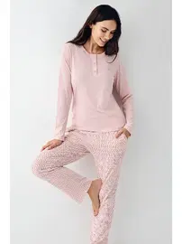 Pierre Cardin Düğme Yakalı Uzun Kollu Pembe Desenli Kadın Pijama Takımı Pierre Cardin PC9080-S