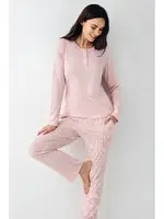 Düğme Yakalı Uzun Kollu Pembe Desenli Kadın Pijama Takımı Pierre Cardin PC9080-S Pembe