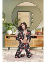 Düğmeli Çiçekli Gömlek Yaka Kadın Pijama Takımı İzabel 4001 Siyah detay görünüm