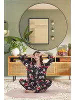 Düğmeli Çiçekli Gömlek Yaka Kadın Pijama Takımı İzabel 4001 Siyah farklı açı