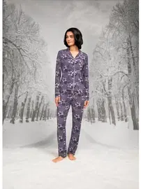Doreanse Çiçekli Gömlek Yaka Uzun Kollu Biyeli Kadın Pijama Takım Doreanse 26K4107