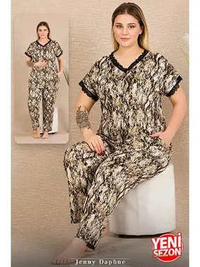 Lady Düğmeli Kısa Kollu Dantelli Desenli Büyük Beden Kadın Pijama Takımı Lady 11032