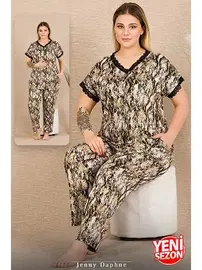 Lady Düğmeli Kısa Kollu Dantelli Desenli Büyük Beden Kadın Pijama Takımı Lady 11032