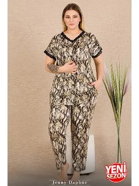 Lady Düğmeli Kısa Kollu Dantelli Desenli Büyük Beden Kadın Pijama Takımı Lady 11032 - Alternatif Görünüm