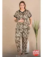 Düğmeli Kısa Kollu Dantelli Desenli Büyük Beden Kadın Pijama Takımı Lady 11032 Yeşil detay görünüm