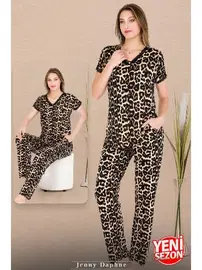 Lady Düğmeli Leopar Desenli Kısa Kollu Pijama Takımı Lady 12482 