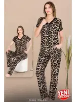 Düğmeli Leopar Desenli Kısa Kollu Pijama Takımı Lady 12482  Siyah