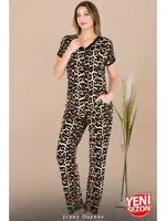 Düğmeli Leopar Desenli Kısa Kollu Pijama Takımı Lady 12482  Siyah detay görünüm