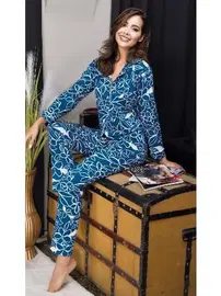 İzabel Düğmeli Mavi Desenli Yeni Sezon Şeritli Gömlek Pijama Takım İzabel DP-4008