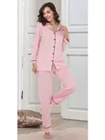 Düğmeli Pembe Şeritli Gömlek Pijama Takım İzabel DP-4000 Pembe detay görünüm