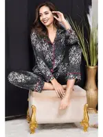 Düğmeli Siyah Desenli Yeni Sezon Şeritli Gömlek Pijama Takım İzabel DP-4009 Siyah detay görünüm