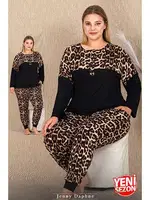 Düğmeli Uzun Kollu Büyük Beden Leopar Desenli Pijama Takımı Lady 11424 Siyah
