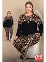 Düğmeli Uzun Kollu Büyük Beden Leopar Desenli Pijama Takımı Lady 11424