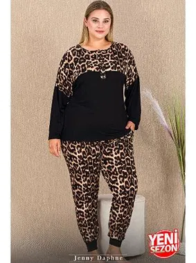 Lady Düğmeli Uzun Kollu Büyük Beden Leopar Desenli Pijama Takımı Lady 11424 - Alternatif Görünüm