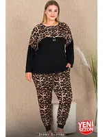 Düğmeli Uzun Kollu Büyük Beden Leopar Desenli Pijama Takımı Lady 11424 Siyah detay görünüm