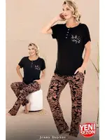 Düğmeli Yaka Desenli Kısa Kollu Kadın Pijama Takımı Lady 12671  Siyah