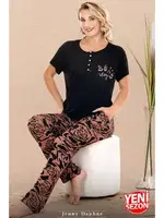 Düğmeli Yaka Desenli Kısa Kollu Kadın Pijama Takımı Lady 12671  Siyah farklı açı