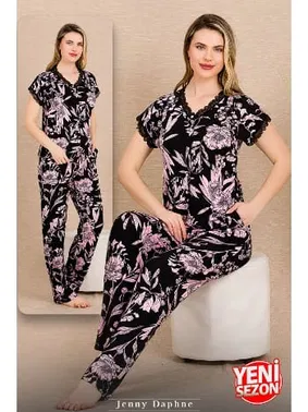 Lady Düğmeli Yaka Kollar Ve Yaka Dantelli Pijama Takımı Lady 12495