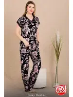 Düğmeli Yaka Kollar Ve Yaka Dantelli Pijama Takımı Lady 12495 detay görünüm