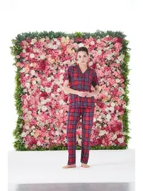 Estiva Ekoseli Önden Düğmeli Kısa Kollu Kadın Pijama Takımı  Estiva 25176