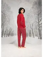 Ekoseli Yuvarlak Yaka Uzun Kollu Kadın Pijama Takım Doreanse 26K4108 Kırmızı detay görünüm